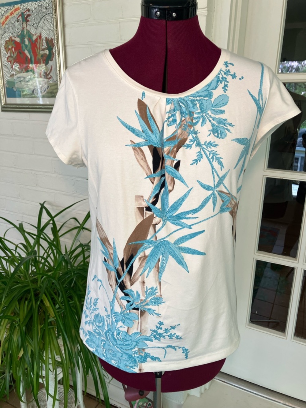 Talbots Cream Tee with Blue and Brown Botanical Print